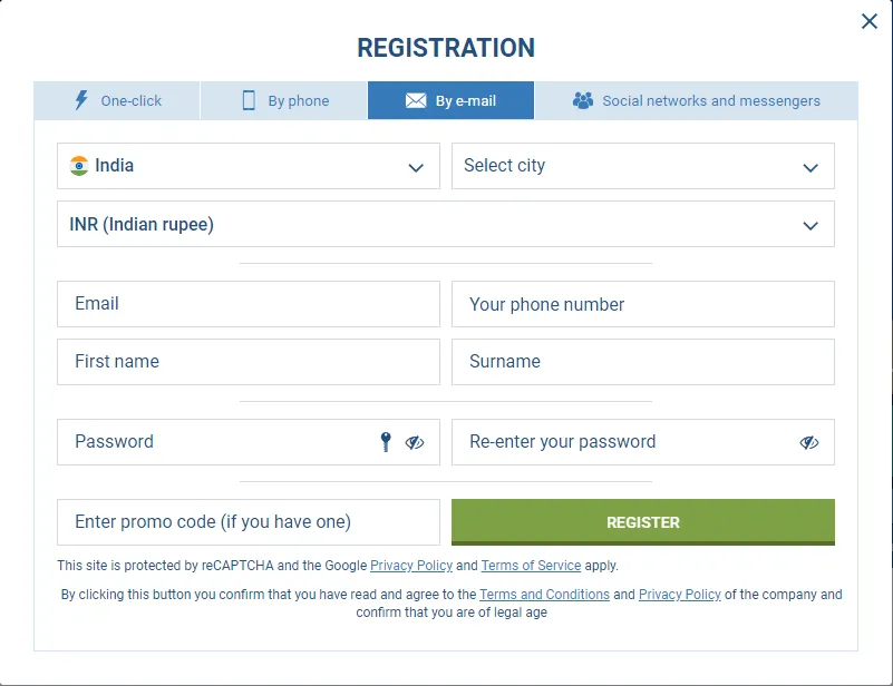 1xBet account registration form